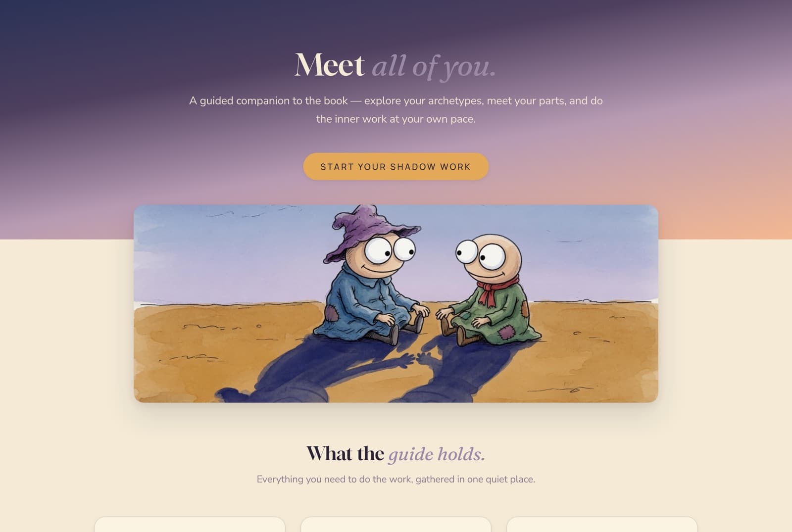 The shadow work guide app's home page — 'Meet all of you', with two patched watercolour figures sitting with their shadows