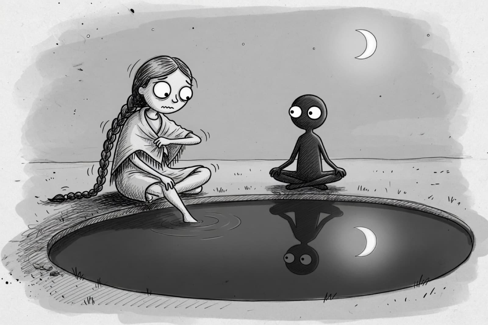 A young woman dips her toe into a still, dark pool, facing her shadow-self who sits meditating calmly on the far bank, the moon reflected in the water between them — the aware ego, the witness.